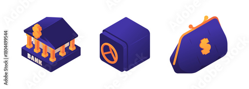 Saving and protection money deposit. Vector isometric icons, isolated bank institution, wallet and safe. Client rights protection. Compensation for losses in inflation, safeguarded investment capital