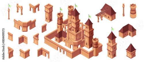 Collection of isometric medieval castle elements. Vector isolated towers and walls, rooftops and gates. Architectural modules for building custom strategy games. City builders or fantasy map