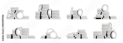 Stacks of coins with no sign in monochrome style. Vector isolated piles of metal or plastic money, financial growth. Economy and savings, investment or currency in editorial and commercial use