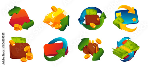 Golden coin with dollar banknotes, wallet with credit card and curved arrow pointing backward. Vector cashback, return on spending or bonus refund. Finance, ecommerce and banking promotions