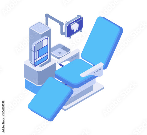 Dentist armchair for patient, isolated chair with lamp, special tools and computer screen. Vector furniture and equipment for medical specialist, clinic office objects. Interior design of dental