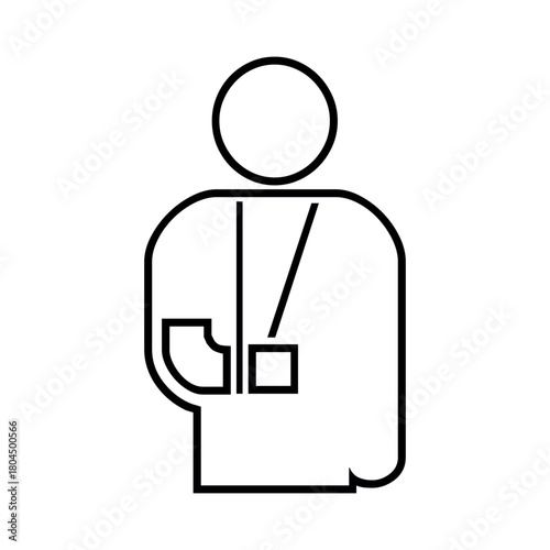 Illustration of a person with a broken arm in a sling and wearing an identification badge outline