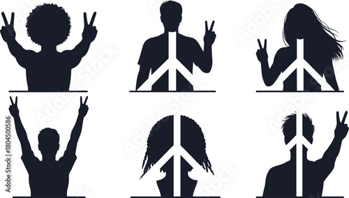 Six diverse human silhouettes with peace signs and victory gestures vector
