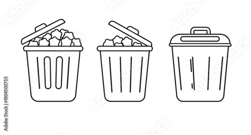 Trash bins vector illustration, full and empty garbage containers, waste management design, recycling concept, environmental cleanliness, cad drawing flat vector illustration