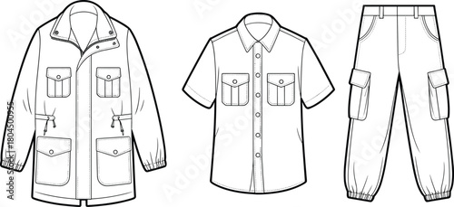 Utility jacket sketch, short sleeve shirt, cargo pants drawing, flap pockets, fashion cad illustration, vector apparel design, cad drawing flat vector illustration