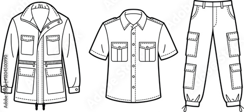 Utility jacket, cargo pants, short-sleeve shirt, fashion flat sketch, technical drawing, apparel design, vector illustration, garment CADUtility jacket, cargo pants