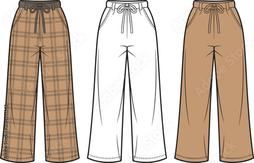 Wide leg drawstring pants front view, plaid and solid styles, fashion sketch, vector garment template, casual clothing design