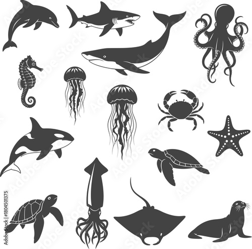 Ocean animal silhouettes vector set marine life underwater creatures set eps