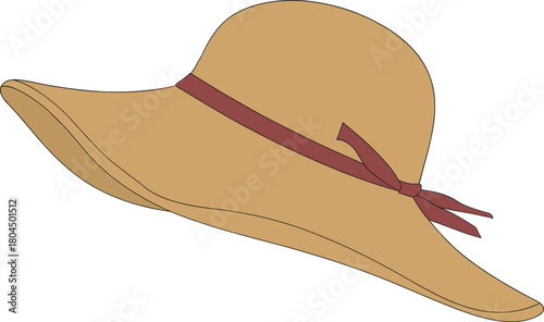 Wide-brimmed sun hat, tan color, maroon ribbon, summer accessory, fashion illustration, outdoor wear, stylish, seasonal, beach, gardening