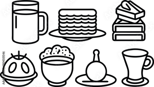 Simple outline food and drink icons. breakfast and dessert items.