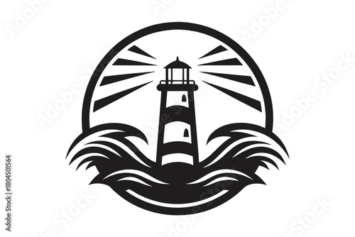 Stylized lighthouse emits beams amid crashing waves inside oval frame in solid black