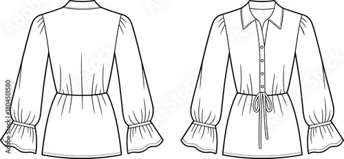 Women’s blouse technical flat sketch, vector fashion drawing with collar, button front, long sleeve, ruffle cuff, adjustable waist design