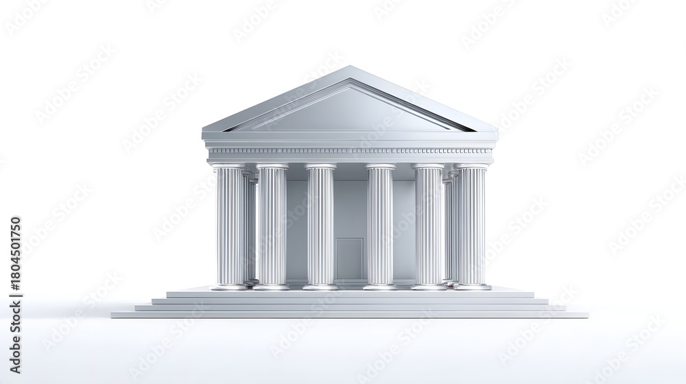 Fototapeta premium White classical style building with Ionic columns prominent pediment and grand steps presented with a clean minimalist aesthetic against a pure white backdrop symbolizing stability