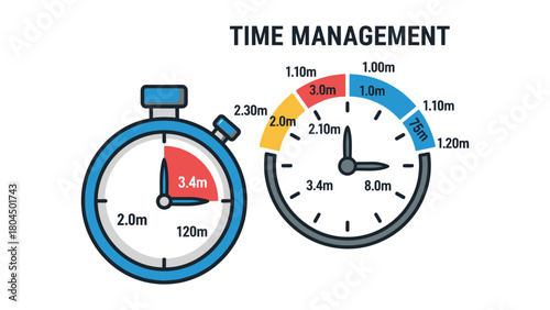 Minimal flat vector of two synchronized time watches symbolizing efficient time management, planning, productivity, and scheduling.