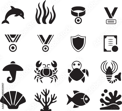 Set of diverse black silhouette icons featuring marine animals, sea life, awards, and abstract symbols for various designs