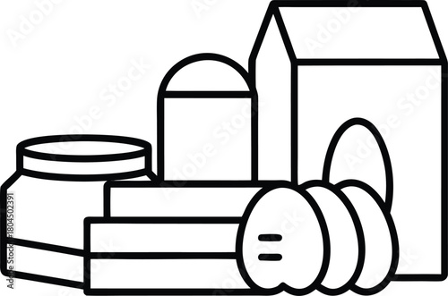 Common kitchen groceries icon with milk carton, eggs, and butter