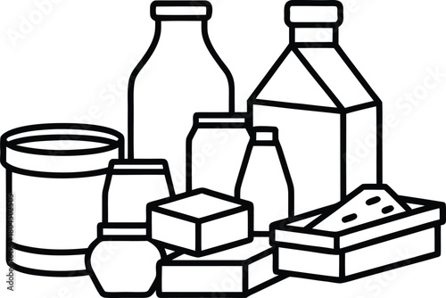 Essential grocery and dairy products line art vector icon set