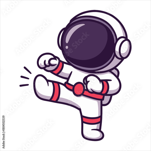 A cute cartoon astronaut in a spacesuit performing a powerful karate kick, an adorable spaceman mascot character, flat vector logo illustration