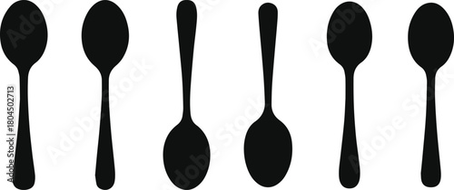 Set of six minimalist black spoon dining utensil silhouette icons
