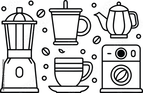 Coffee making equipment and serving items simple line art style