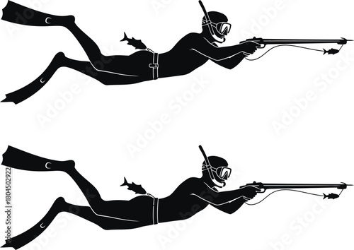 Spearfishing silhouettes of divers with spearguns underwater hunting fish eps