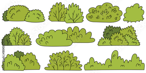 Hand-drawn cartoon set of green bushes on a white background.