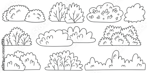 Hand-drawn doodle set of bushes on a white background.