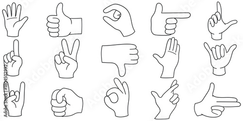 Hand-drawn doodle set of hand gestures on a white background.