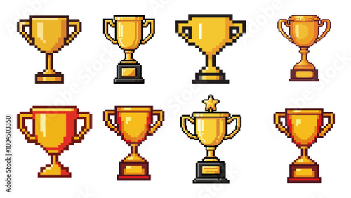 Pixelated Trophy Collection A Variety of Golden Cups for Champions and Achievements
