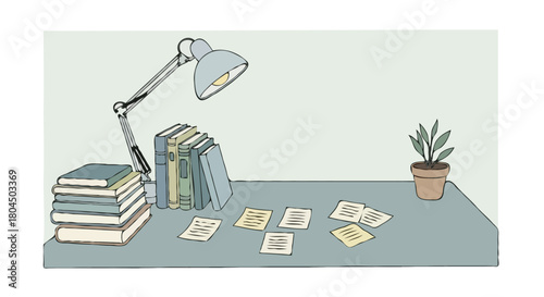 Minimal workspace desk illustration with lamp books plant and modern aesthetic vector
