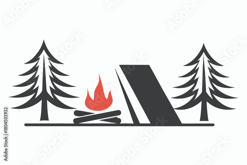 Tent and campfire between two trees showcases outdoor adventure using clean minimal black silhouette