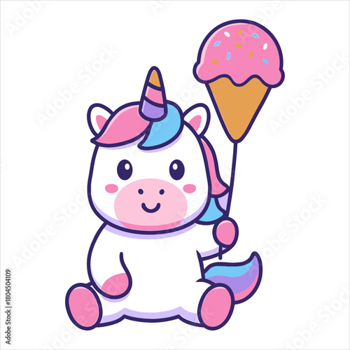 Cute unicorn holding an ice cream cone flat vector logo illustration perfect for kids' themes and sweet treats