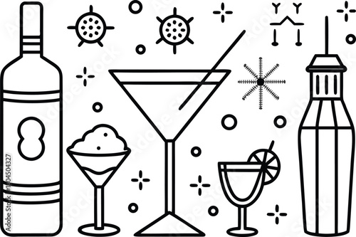 Stylish cocktail drinks, bar tools, and party celebration line art