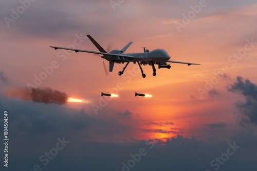 Military drone launches missiles at sunset against dramatic sky