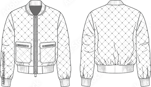 Quilted bomber jacket technical flat sketch, zipper closure ribbed collar flap pocket stylish outerwear, front back view, cad drawing vector illustration