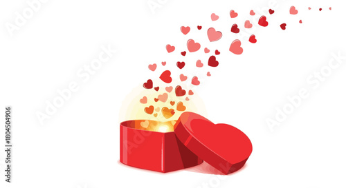 A heart shaped gift box overflowing with a cascade of red and pink hearts floating upwards