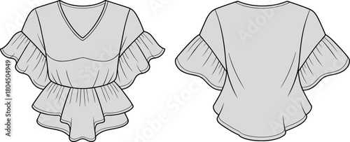 Women’s ruffle sleeve peplum blouse technical flat sketch, CAD drawing flat vector illustration, stylish fashion design template