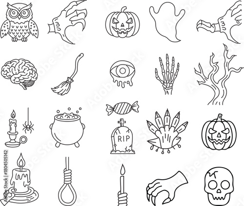 Halloween spooky elements vector doodle set with pumpkin, ghost, skull, and monster for holiday designs and decor