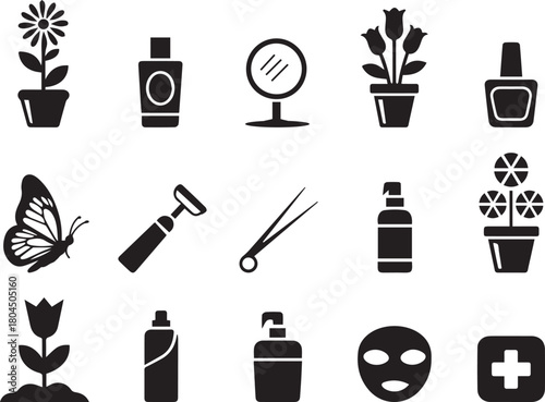 Collection of beauty, spa, and wellness icons including flowers, skincare, grooming tools, and nature