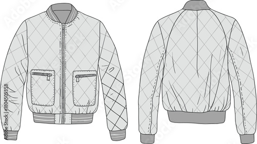 Quilted bomber jacket technical flat sketch, zipper closure ribbed collar pocket detail design, front back view, cad drawing vector illustration