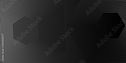Black abstract background with glowing geometric lines. Dynamic turquoise neon hexagonal lines form a striking geometric pattern on a black background. Hexagonal grid technology pattern. vector .