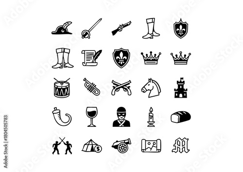 Monochrome Musketeer Vector Icon Set, 25 Black & White 17th Century Sword Icons, Historical French Cavalier Glyphs