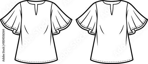 Women's blouse, flutter sleeve top, fashion flat sketch, technical drawing, apparel design, vector illustration, sewing pattern, garment CAD