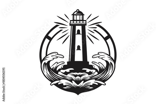 The monochrome lighthouse beams intensely amidst swirling waves, encased within a bold, graphical border