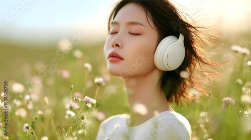 Fototapeta Naklejka Na Ścianę i Meble -  Serene portrait of a young woman with headphones enjoying music amidst a vibrant wildflower meadow during golden hour with a gentle breeze and soft sunlight