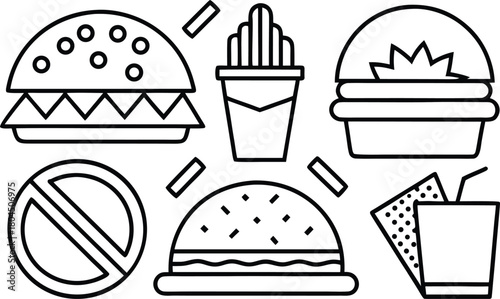 Fast food outline icons set. burger, fries, soda, and no sign