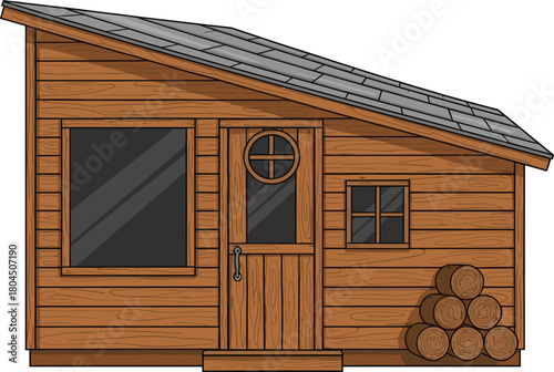 Wooden cabin cartoon, rustic shed illustration, cozy house design, small log hut artwork, countryside building drawing, cad drawing flat vector illustration