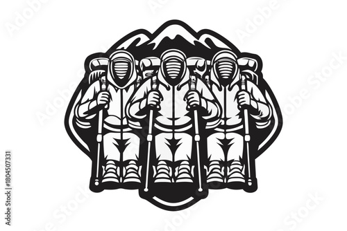 Three adventurous hikers trekking uphill against the backdrop of striking mountain peaks is showcased