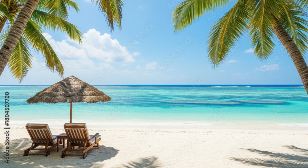 Obraz premium Paradise Tropical Beach. White sand, crystal-clear turquoise water, and gentle waves. Two empty wooden beach chairs and a straw umbrella sit on the sand. represents ultimate relaxation,vacation,escape