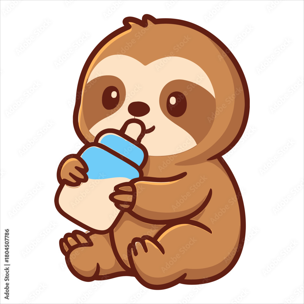 Obraz premium Adorable Baby Sloth with Milk Bottle Flat Vector Logo Illustration